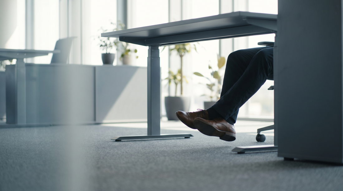 A person at a desk whose feet don't quite reach the floor — editorial photograph on ergonomic desk mismatch.