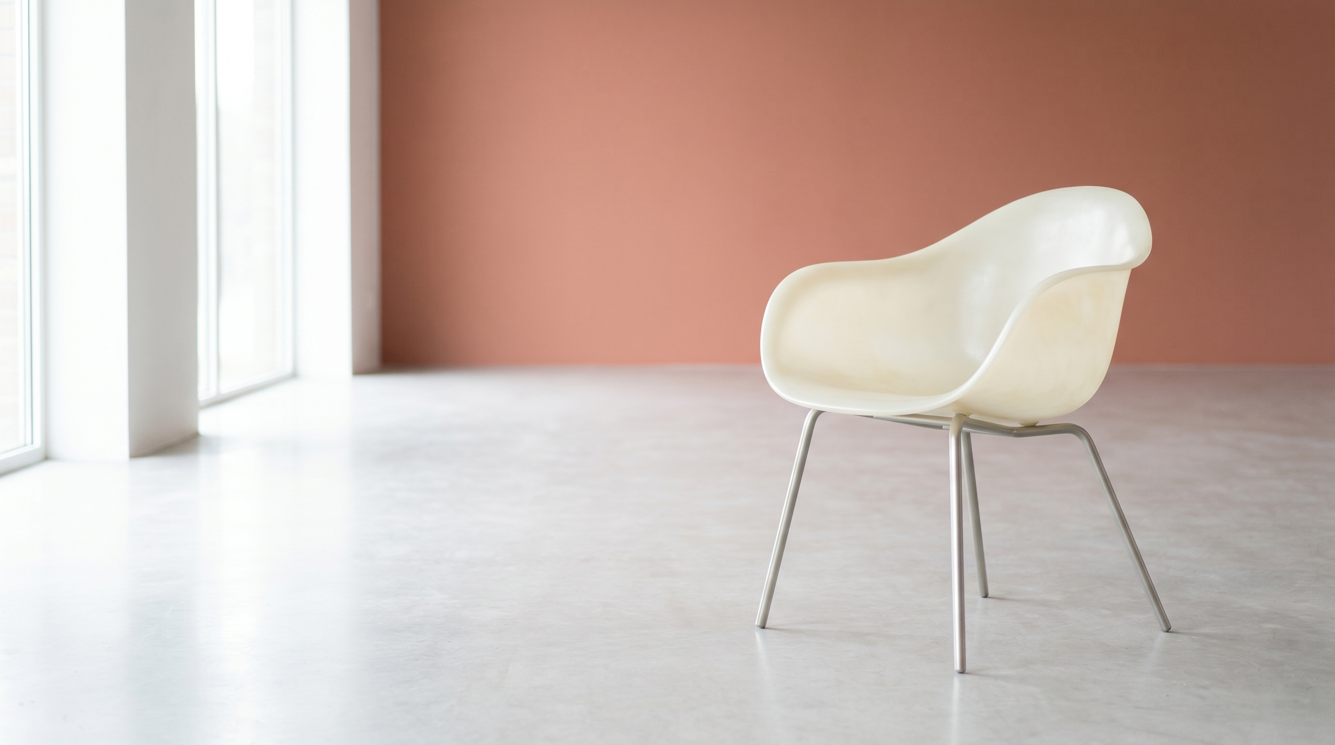 A single modern designer chair alone in a bright gallery space — editorial photograph.