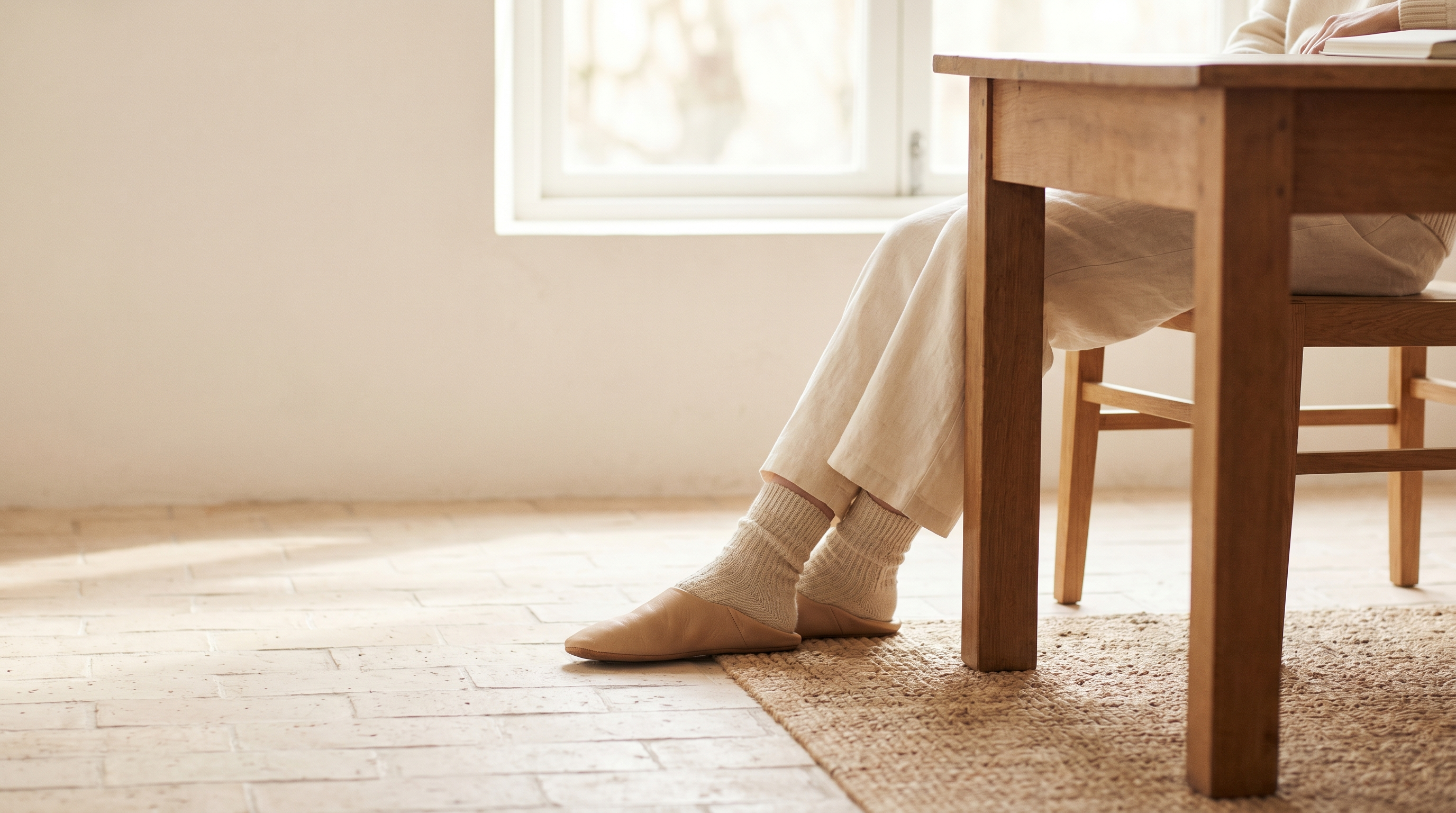 A petite person's feet just reaching the floor under a standard-height desk on a tiled floor — editorial photograph on how the feet decide sitting posture.